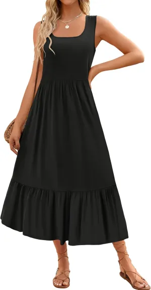 ZESICA Women's 2025 Summer Sleeveless Dress Square Neck Pleated Swing Casual Maxi Dresses with Pockets