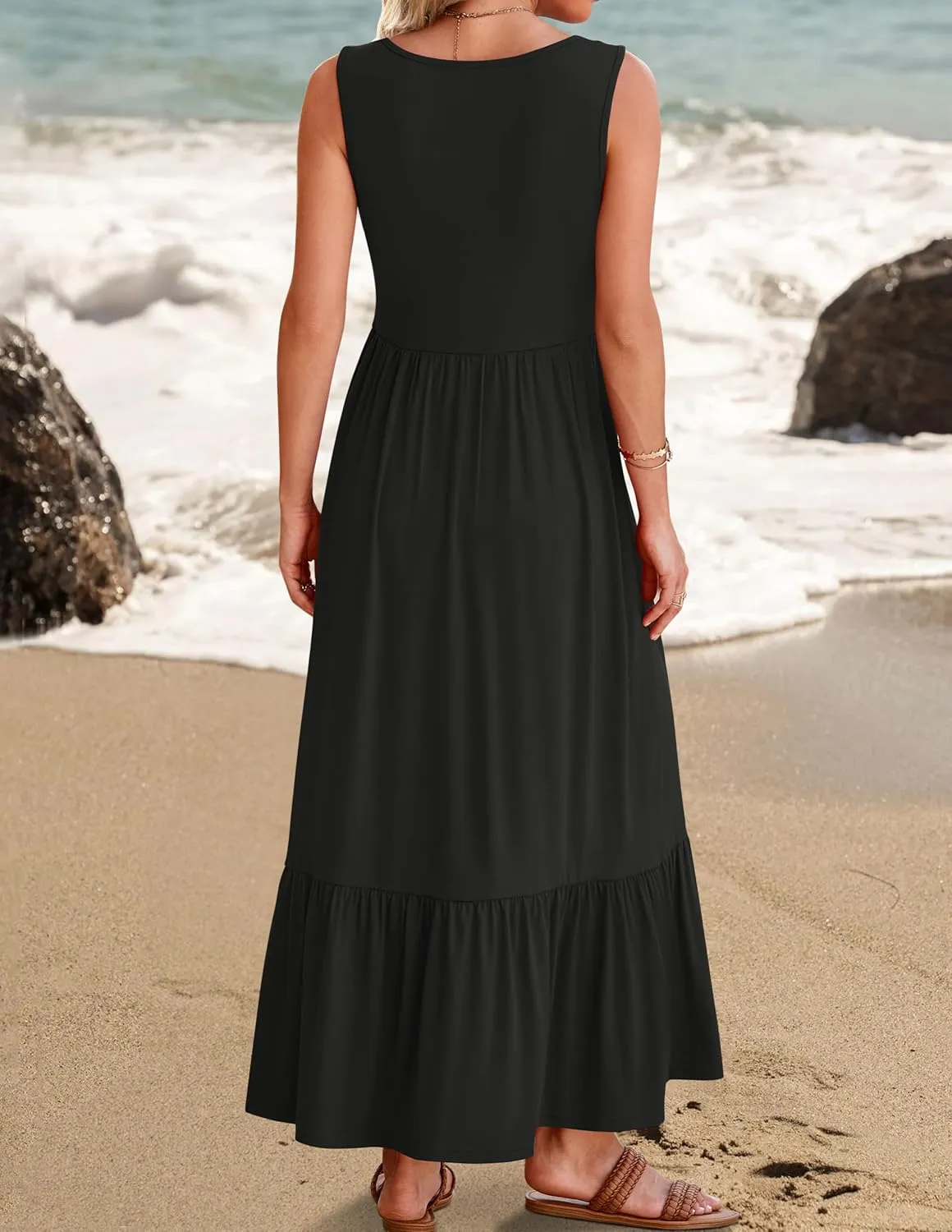 ZESICA Women's 2025 Summer Sleeveless Dress Square Neck Pleated Swing Casual Maxi Dresses with Pockets