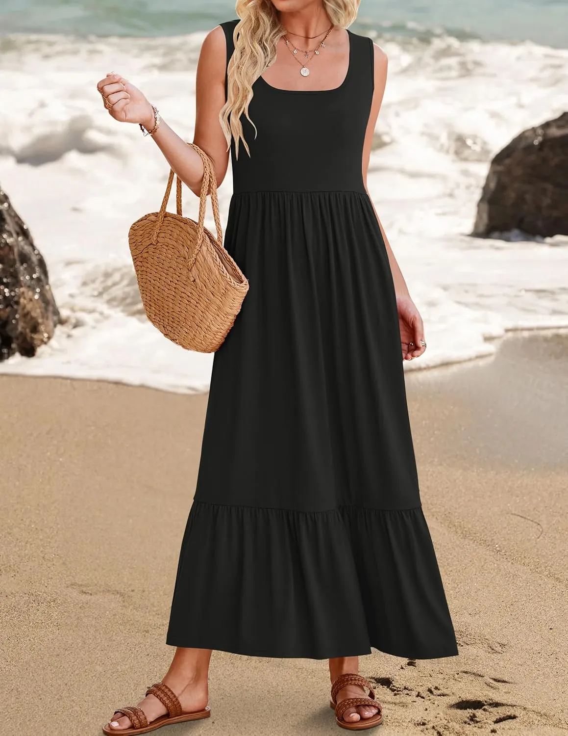 ZESICA Women's 2025 Summer Sleeveless Dress Square Neck Pleated Swing Casual Maxi Dresses with Pockets