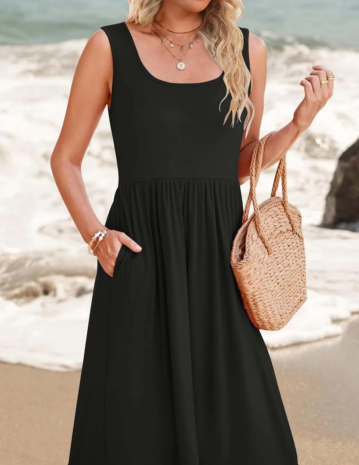 ZESICA Women's 2025 Summer Sleeveless Dress Square Neck Pleated Swing Casual Maxi Dresses with Pockets