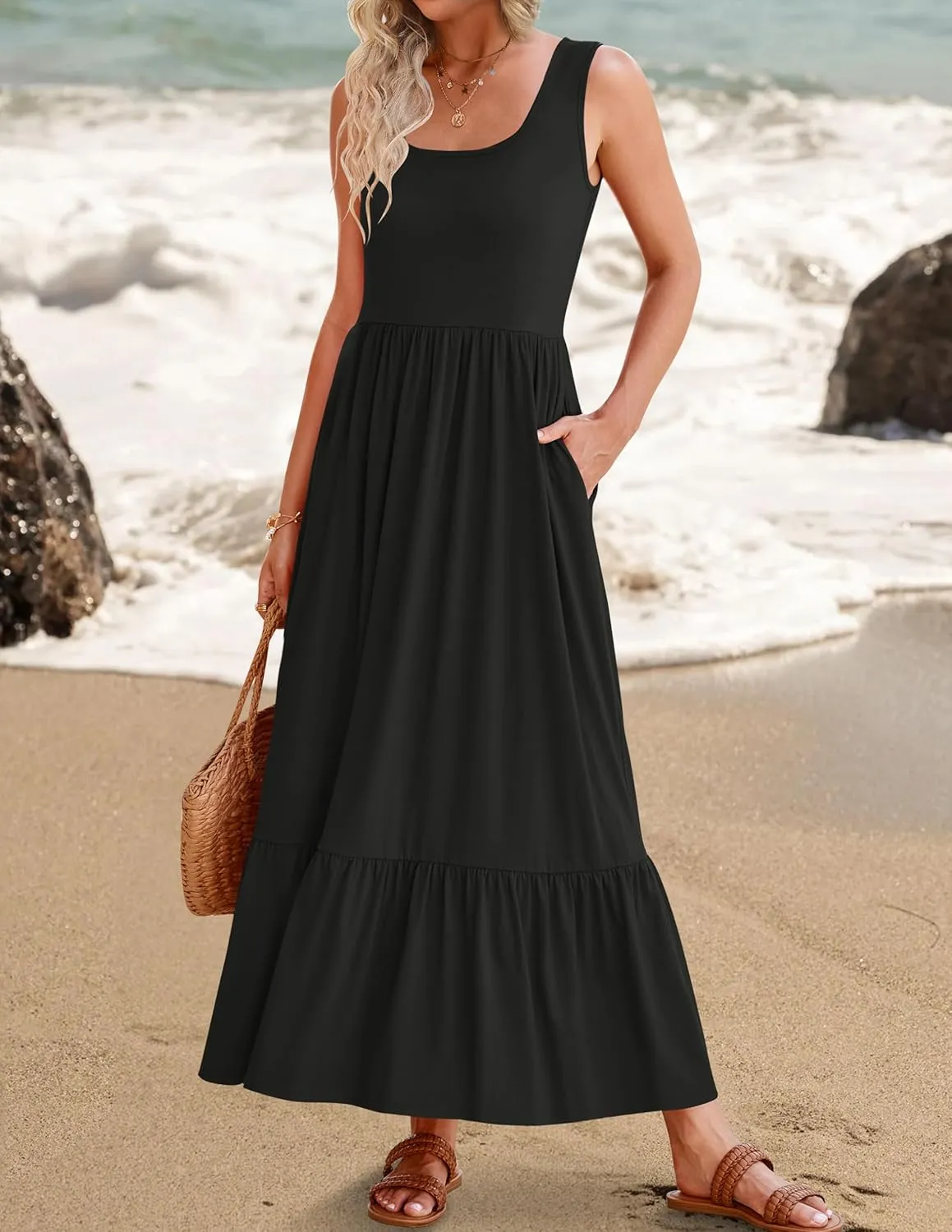 ZESICA Women's 2025 Summer Sleeveless Dress Square Neck Pleated Swing Casual Maxi Dresses with Pockets