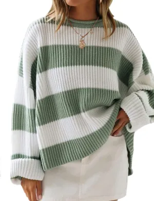 ZESICA Women's Fall Long Sleeve Crew Neck Striped Color Block Comfy Loose Oversized Knitted Pullover Sweater