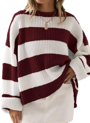 ZESICA Women's Fall Long Sleeve Crew Neck Striped Color Block Comfy Loose Oversized Knitted Pullover Sweater