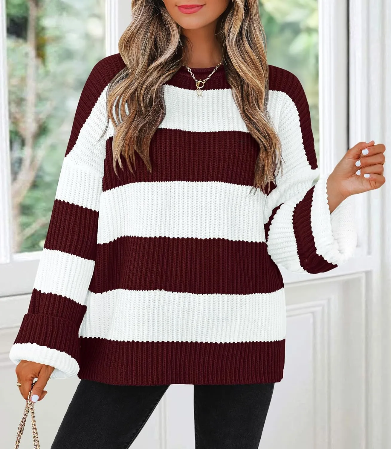 ZESICA Women's Fall Long Sleeve Crew Neck Striped Color Block Comfy Loose Oversized Knitted Pullover Sweater
