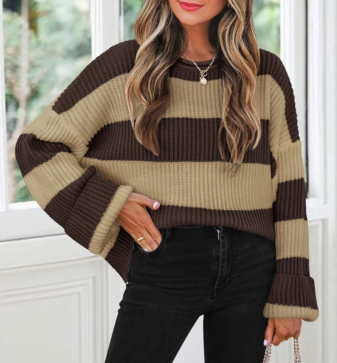 ZESICA Women's Fall Long Sleeve Crew Neck Striped Color Block Comfy Loose Oversized Knitted Pullover Sweater