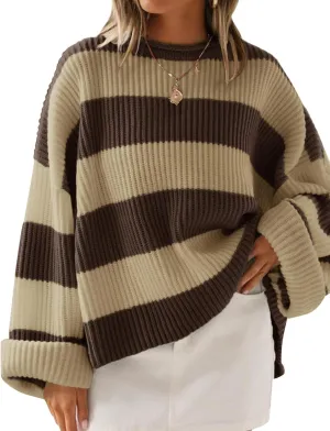 ZESICA Women's Fall Long Sleeve Crew Neck Striped Color Block Comfy Loose Oversized Knitted Pullover Sweater