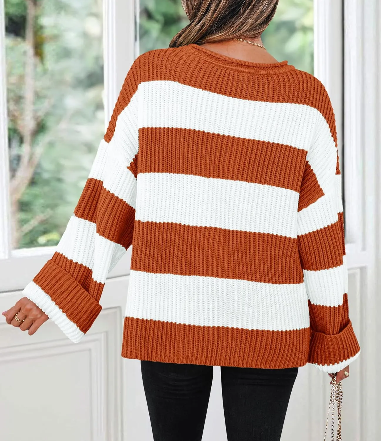 ZESICA Women's Fall Long Sleeve Crew Neck Striped Color Block Comfy Loose Oversized Knitted Pullover Sweater