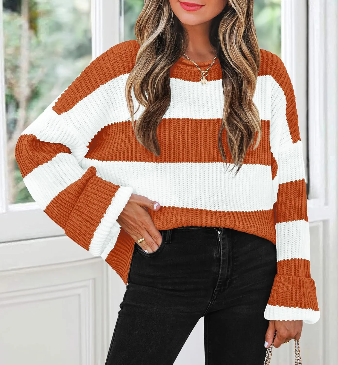 ZESICA Women's Fall Long Sleeve Crew Neck Striped Color Block Comfy Loose Oversized Knitted Pullover Sweater