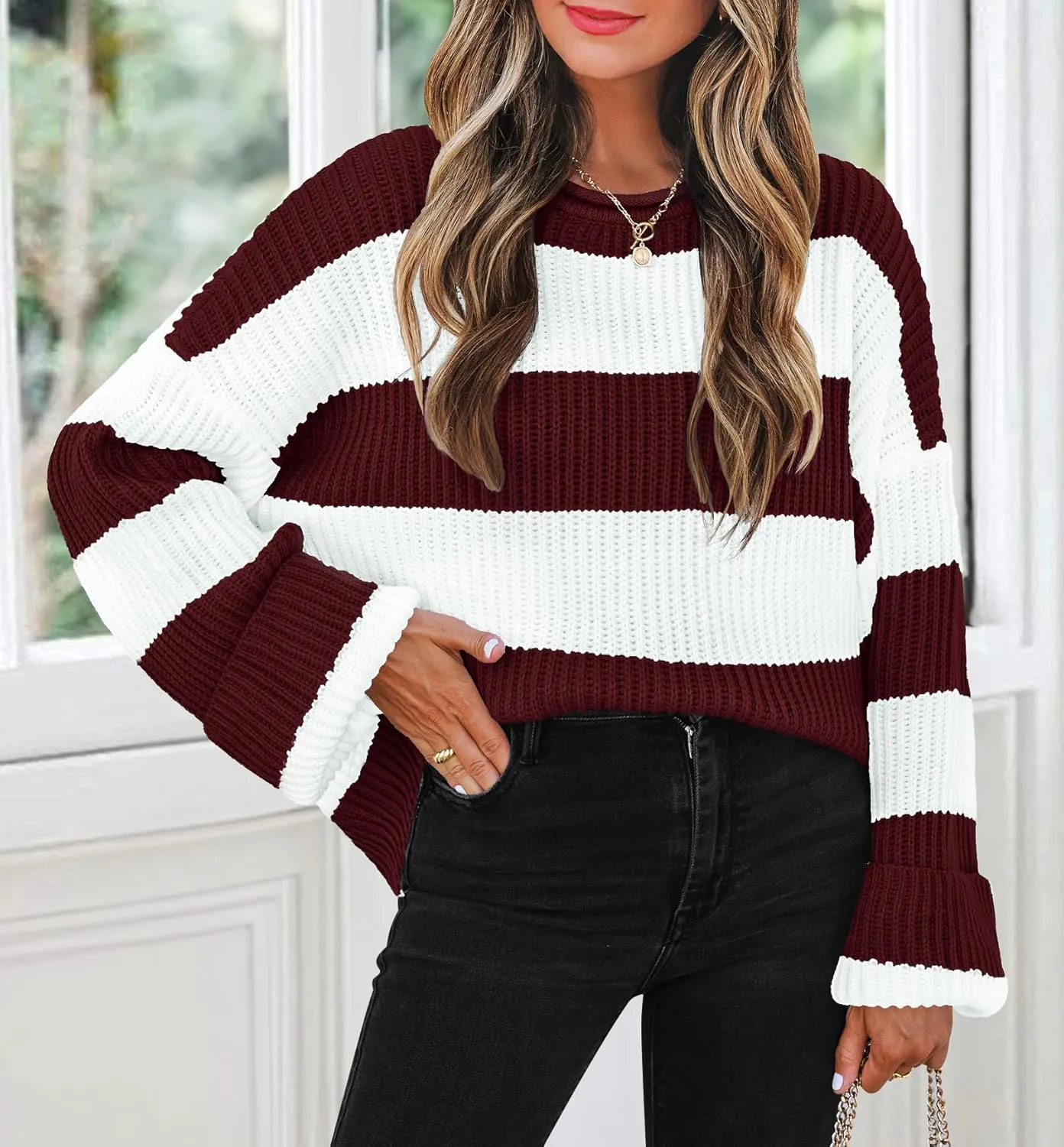 ZESICA Women's Fall Long Sleeve Crew Neck Striped Color Block Comfy Loose Oversized Knitted Pullover Sweater