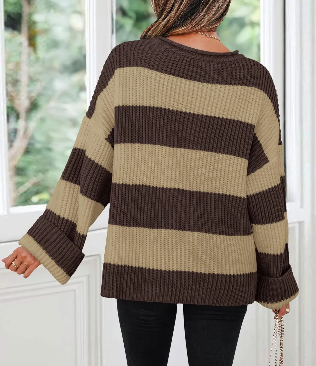ZESICA Women's Fall Long Sleeve Crew Neck Striped Color Block Comfy Loose Oversized Knitted Pullover Sweater