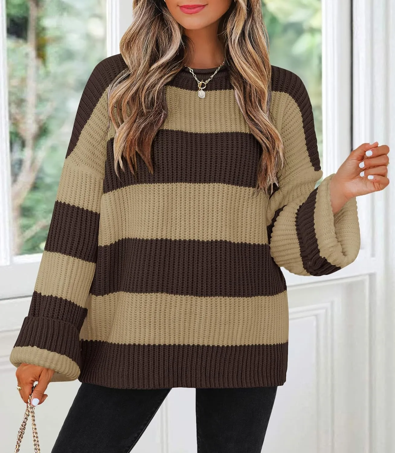 ZESICA Women's Fall Long Sleeve Crew Neck Striped Color Block Comfy Loose Oversized Knitted Pullover Sweater