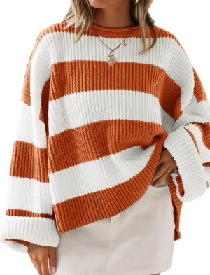 ZESICA Women's Fall Long Sleeve Crew Neck Striped Color Block Comfy Loose Oversized Knitted Pullover Sweater