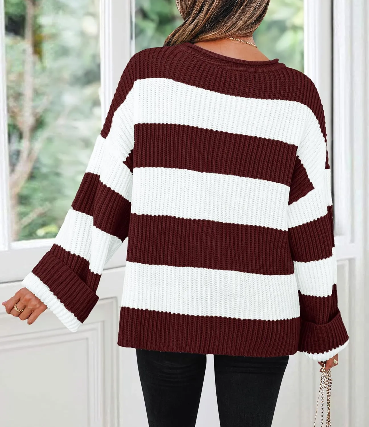 ZESICA Women's Fall Long Sleeve Crew Neck Striped Color Block Comfy Loose Oversized Knitted Pullover Sweater