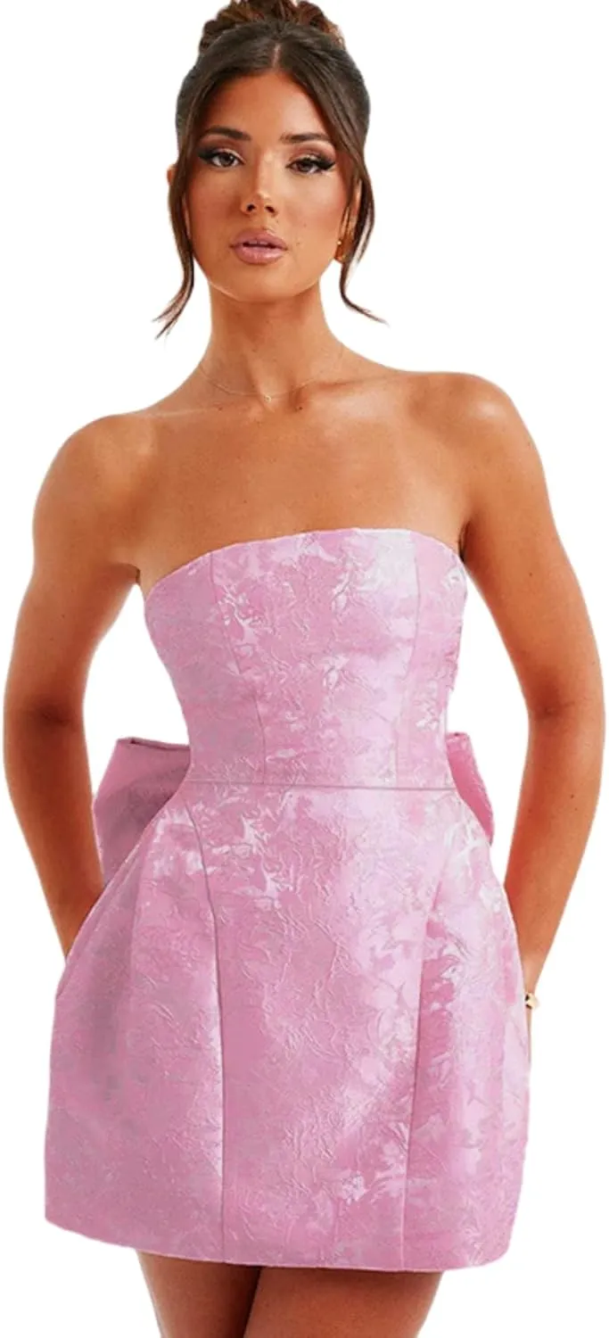 ZGMYC Jacquard Satin Homecoming Dress with Bow Elegant Strapless Mini Dress A Line Short Prom Dresses Party Gown