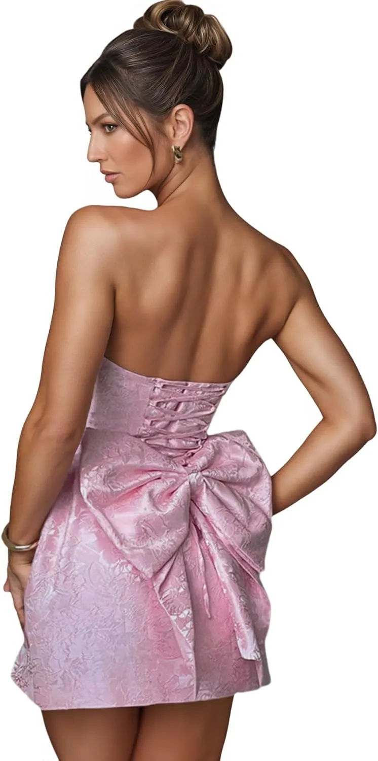 ZGMYC Jacquard Satin Homecoming Dress with Bow Elegant Strapless Mini Dress A Line Short Prom Dresses Party Gown