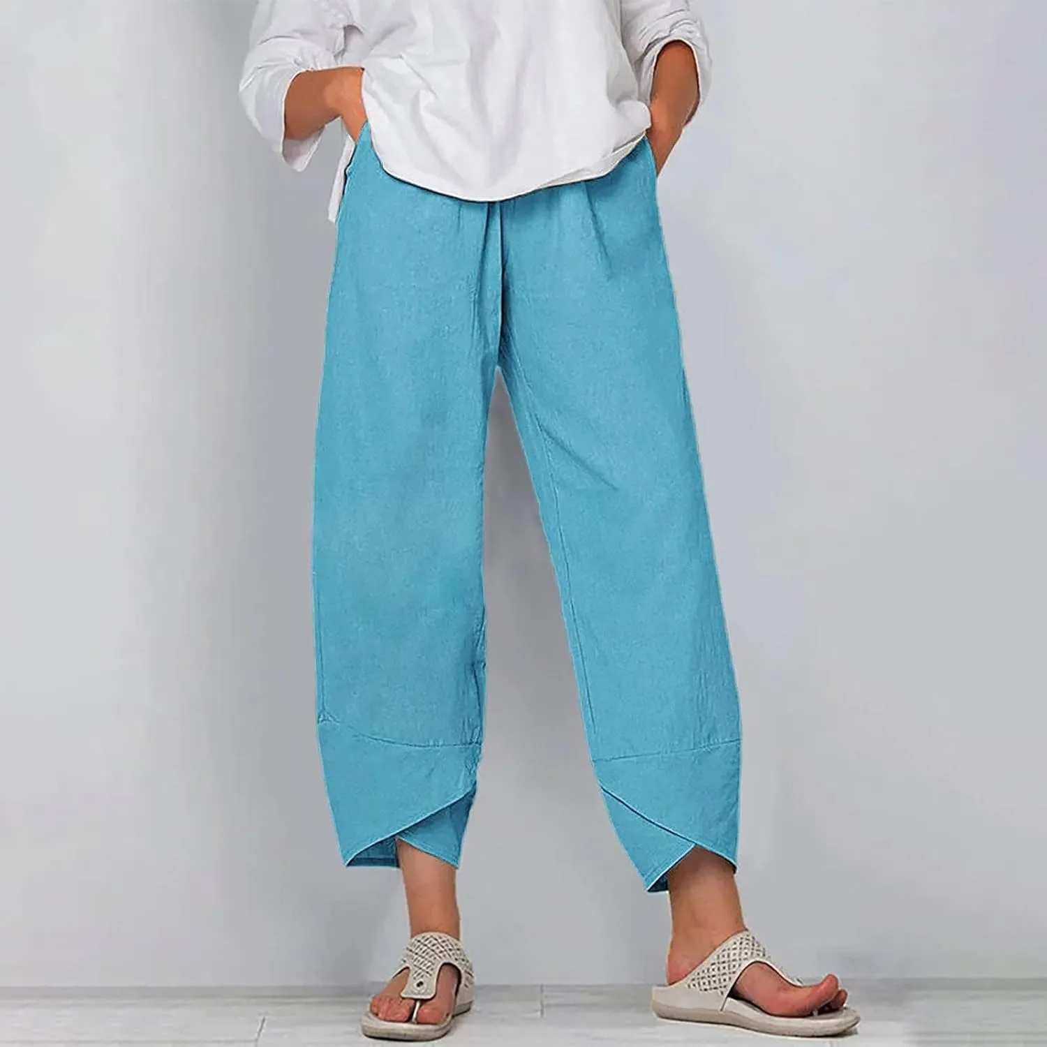 ZOCAVIA Women's Cotton Linen Capri Pants Casual Cropped Baggy Trousers Comfy Loose Palazzo Lounge Pants with Pockets
