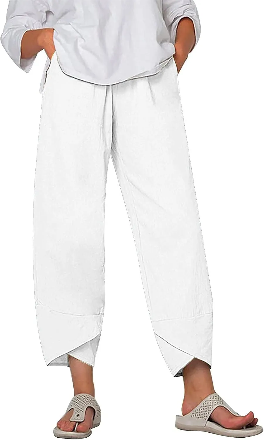 ZOCAVIA Women's Cotton Linen Capri Pants Casual Cropped Baggy Trousers Comfy Loose Palazzo Lounge Pants with Pockets