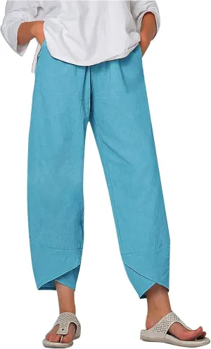 ZOCAVIA Women's Cotton Linen Capri Pants Casual Cropped Baggy Trousers Comfy Loose Palazzo Lounge Pants with Pockets