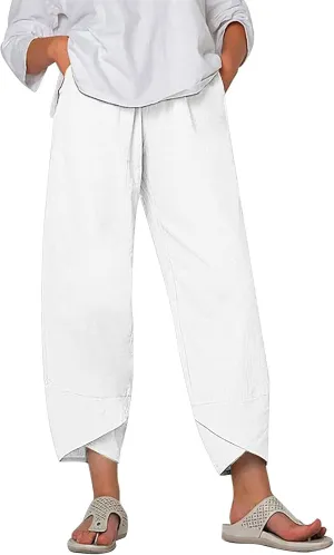 ZOCAVIA Women's Cotton Linen Capri Pants Casual Cropped Baggy Trousers Comfy Loose Palazzo Lounge Pants with Pockets
