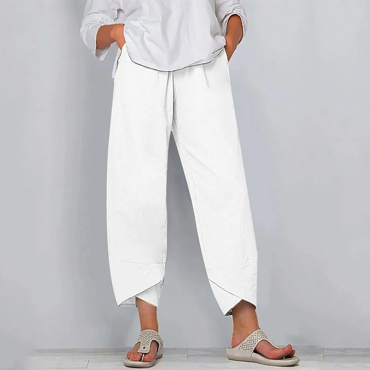 ZOCAVIA Women's Cotton Linen Capri Pants Casual Cropped Baggy Trousers Comfy Loose Palazzo Lounge Pants with Pockets