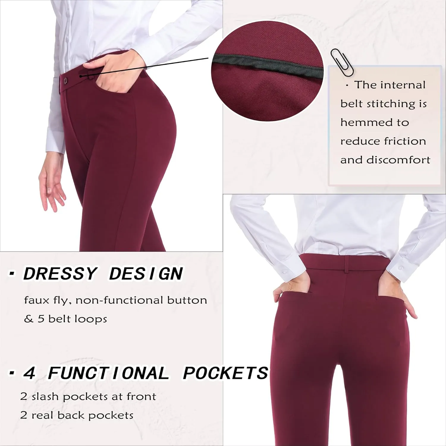 ZTN Women's Stretchy Dress Pants 28"/30" Pull-on Trousers Straight Leg Slacks 4 Pockets Plus Size for Work Business Casual