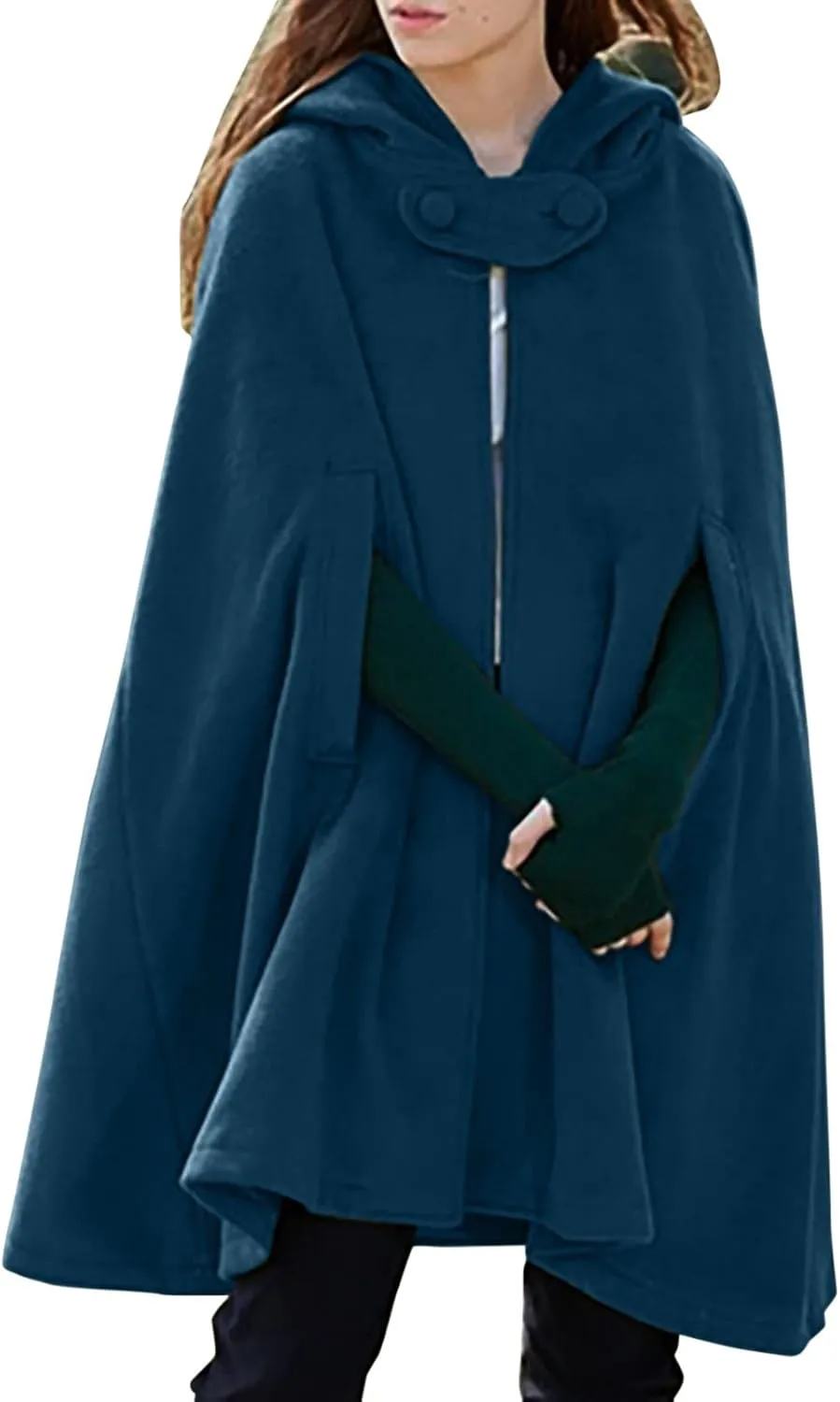 ZYXTIM Womens Stylish Cozy Velvet Hooded Cloak Cape Cosplay Costumes Button Up Winter Windproof Cloak Woolen Coat