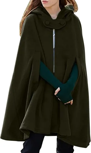 ZYXTIM Womens Stylish Cozy Velvet Hooded Cloak Cape Cosplay Costumes Button Up Winter Windproof Cloak Woolen Coat