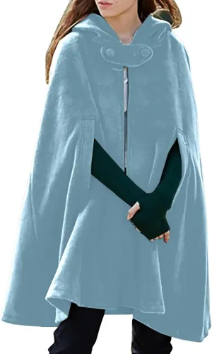 ZYXTIM Womens Stylish Cozy Velvet Hooded Cloak Cape Cosplay Costumes Button Up Winter Windproof Cloak Woolen Coat